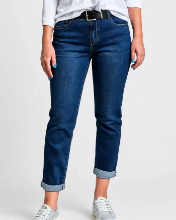 Blugi dama slim fit cu talie medie si aspect prespalat - albastru