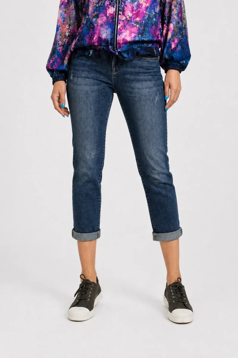 Blugi dama slim fit cu aspect prespalat si efect vintage - albastru