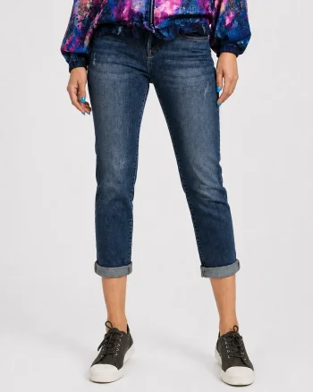 Blugi dama slim fit cu aspect prespalat si efect vintage - albastru