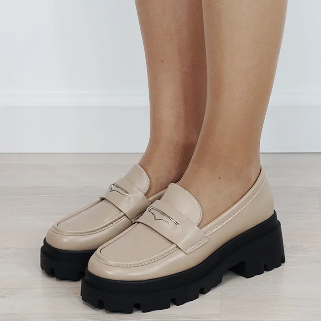 Mocasini dama bej tip loafers cu talpa groasa 1815 04
