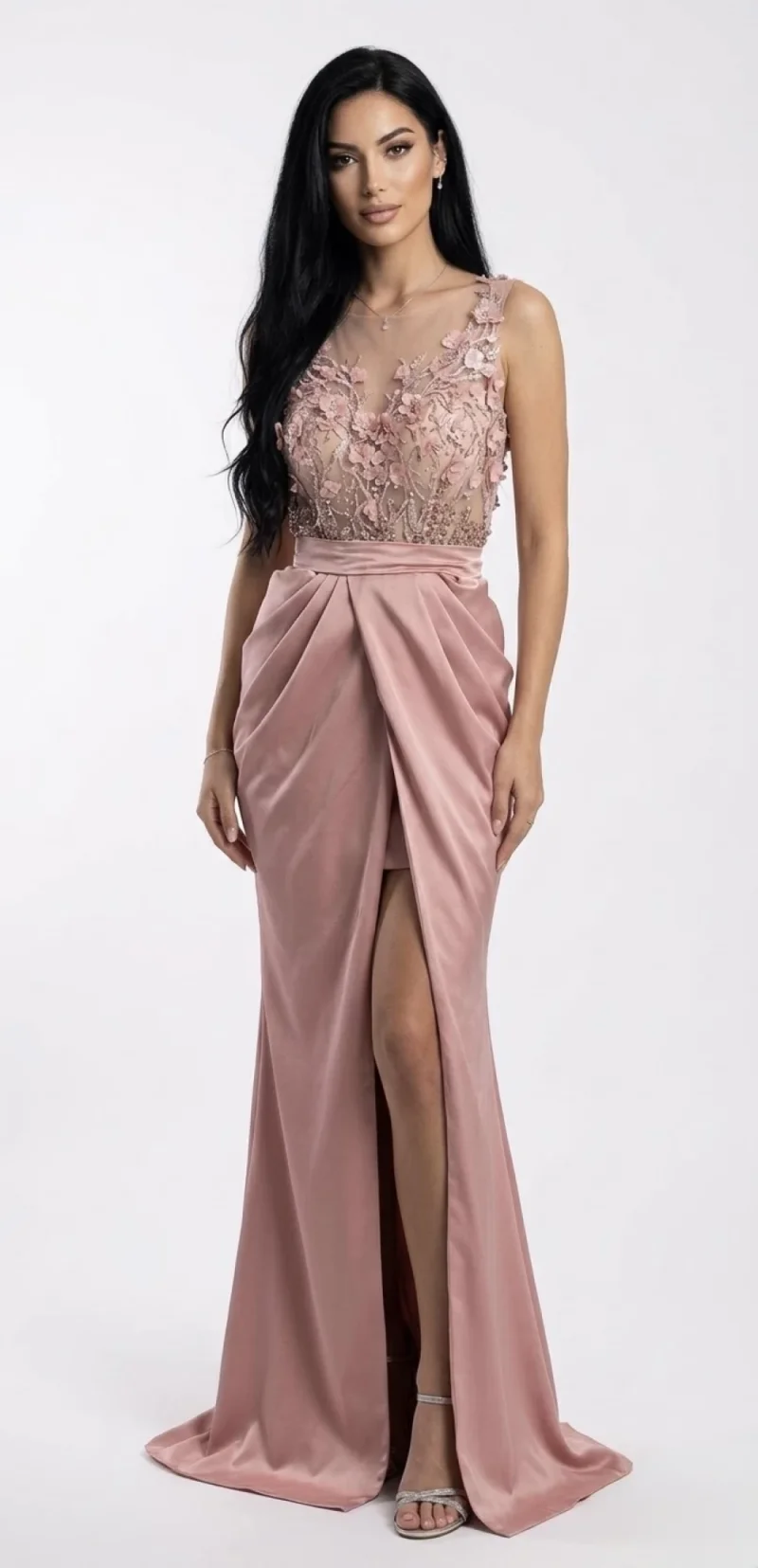 Rochie de ocazie lunga din tafta cu broderie 3D cu perle