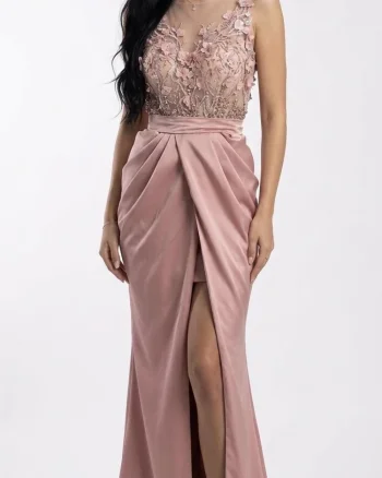 Rochie de ocazie lunga din tafta cu broderie 3D cu perle