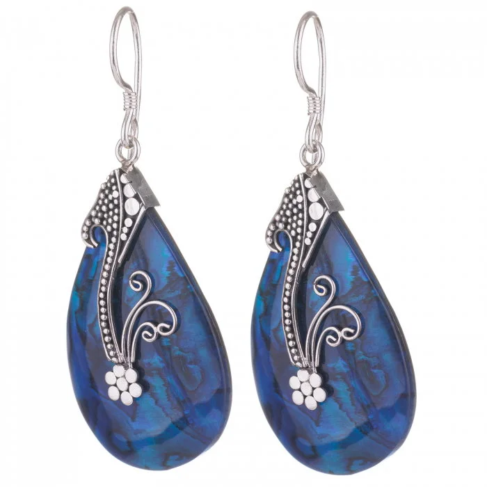 Cercei din argint 925 cu scoica naturala paua shell albastra si decoratiune florala de argint