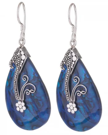 Cercei din argint 925 cu scoica naturala paua shell albastra si decoratiune florala de argint