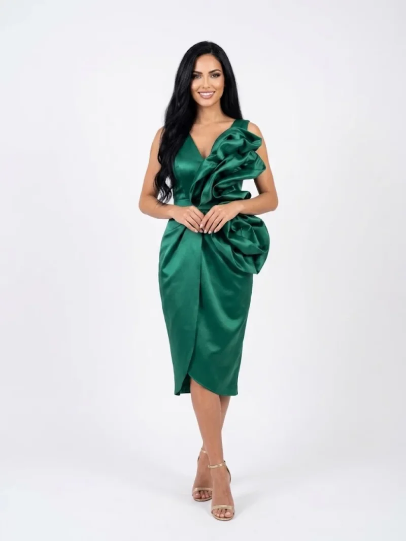 Rochie midi cu bust tip corset decorata cu trandafiri 3D