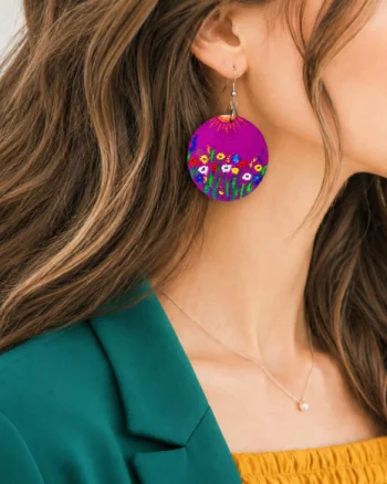 Cercei handmade fuchsia din piele naturala ,pictati cu flori de camp