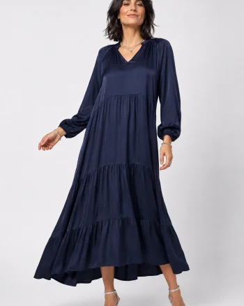 Rochie lunga din satin cu matase si vascoza, croi amplu cu volane - bleumarin