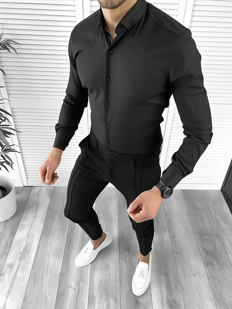 Camasa barbati slim fit neagra + BUTONI cadou 10208