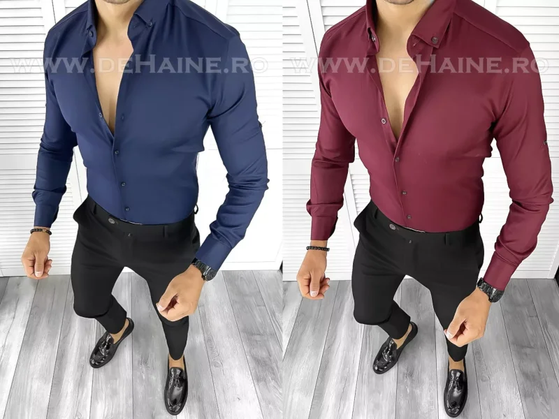 Set 2 camasi slim sit bleumarin si grena 12400