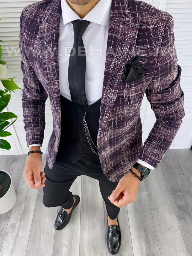 Sacou barbati in carouri slim fit grena B4980 111-5