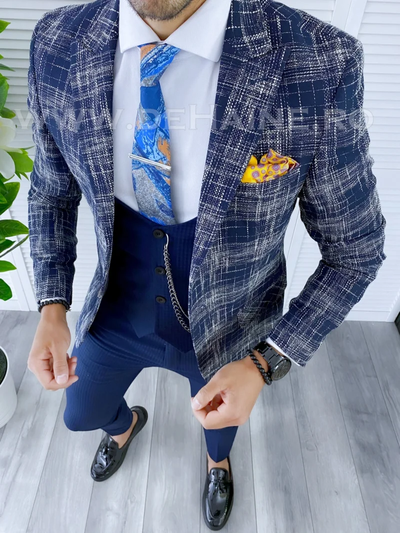Sacou barbati in carouri slim fit bleumarin  B5303 13-1