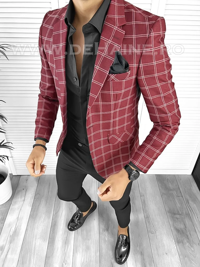 Sacou barbati slim fit grena in carouri B8332 29-4.1 E 46-1.2 ~