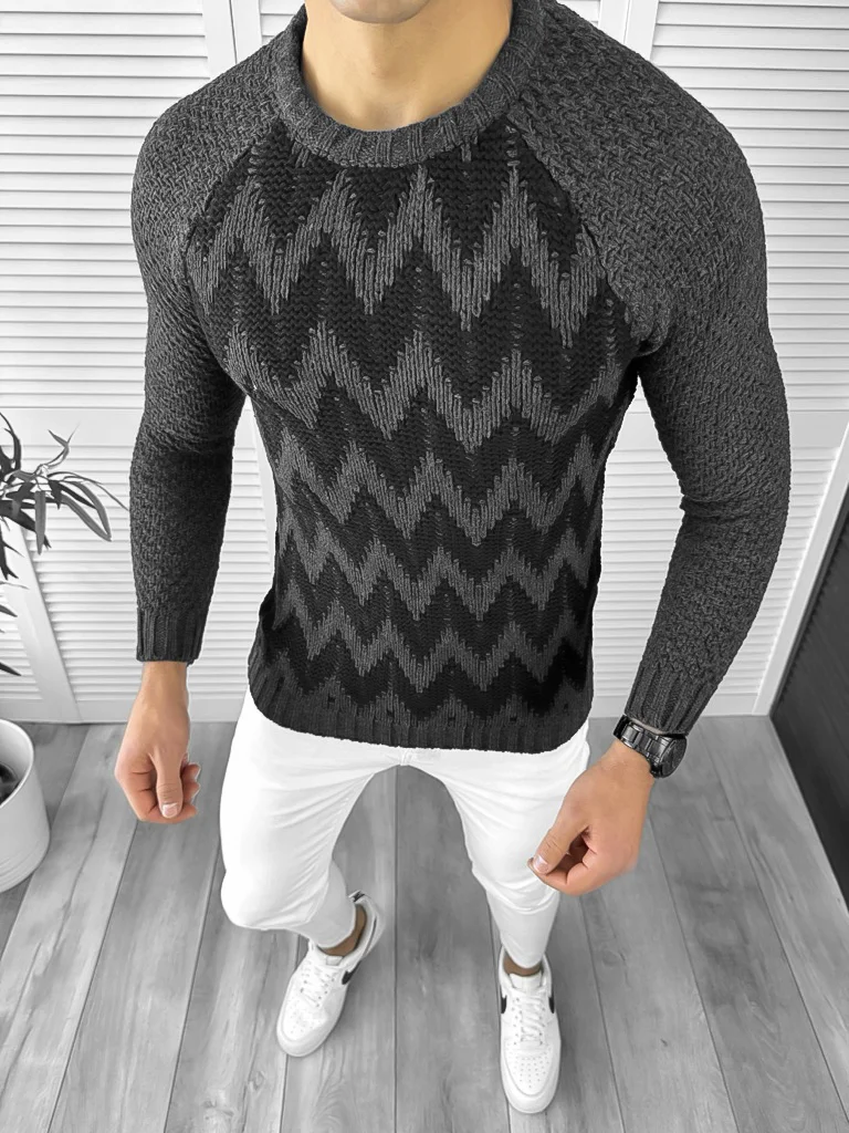 Pulover barbati gros slim fit gri inchis T3613 I16-5