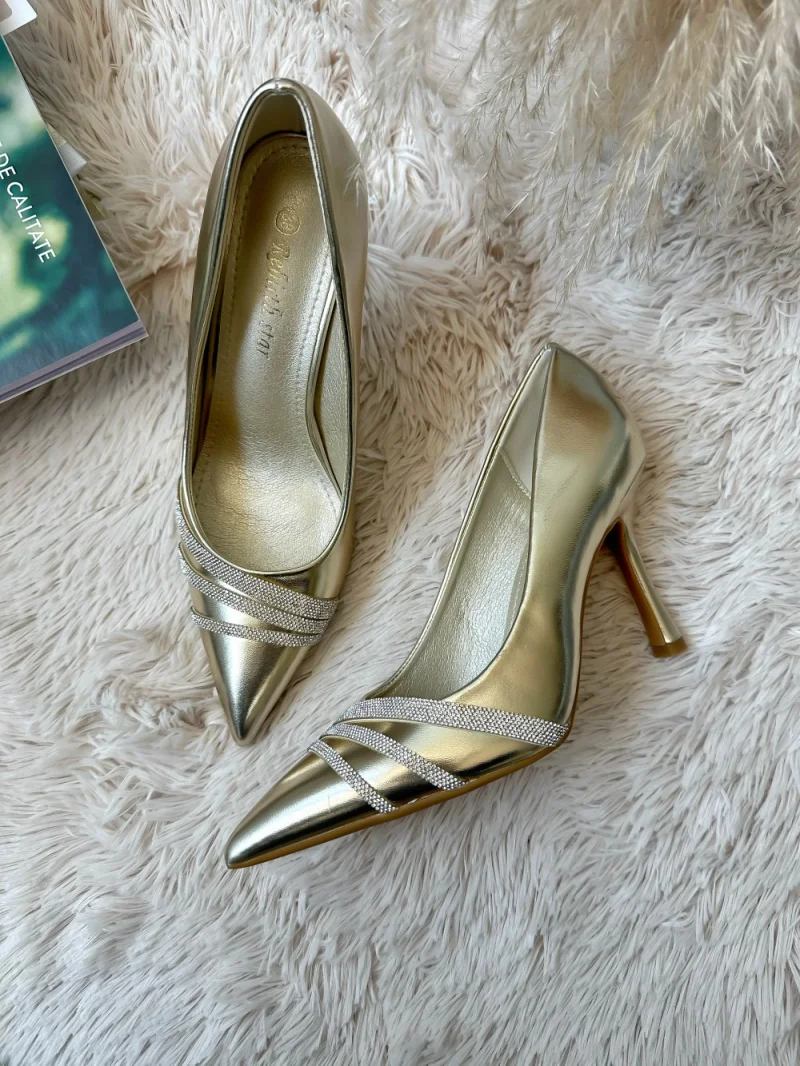 Pantofi eleganti dama  cu toc subtire aurii GQ05  N6-3