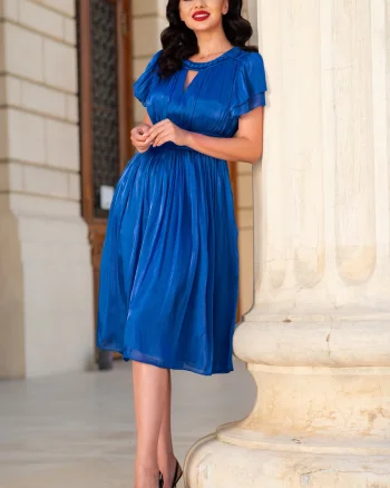 Rochie de ocazie midi albastra Loredana in clos din voal