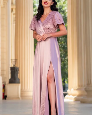 Rochie de seara lunga roz Carmen cu maneci fluture