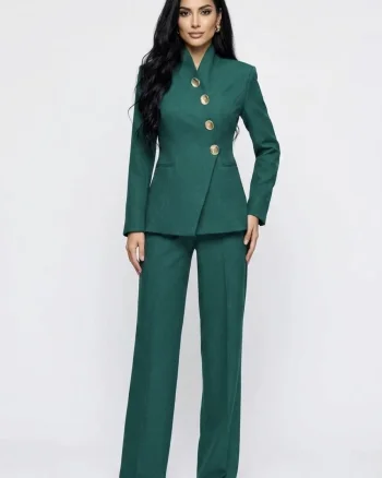 Compleu elegant verde format din doua piese cu pantaloni evazati