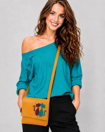 Geanta crossbody handmade, cu note muzicale si pisicute colorate  ,din piele naturala galbena