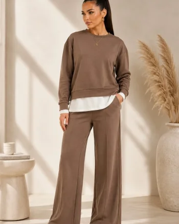 Compleu casual LUNARIA, cu bluza lejera si pantaloni wide leg, Maro Ciocolata, Marime S/M/L