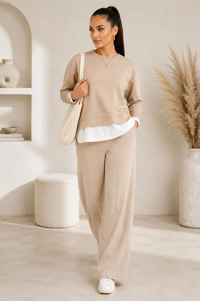 Compleu casual LUNARIA, cu bluza lejera si pantaloni wide leg, Crem, Marime S/M/L