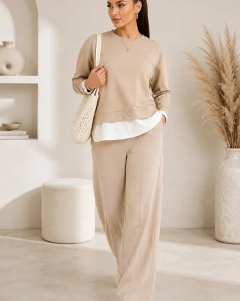 Compleu casual LUNARIA, cu bluza lejera si pantaloni wide leg, Crem, Marime S/M/L