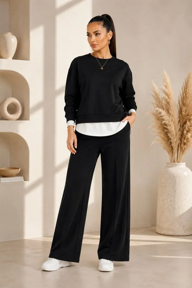 Compleu casual LUNARIA, cu bluza lejera si pantaloni wide leg, Negru, Marime S/M/L