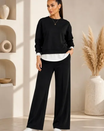 Compleu casual LUNARIA, cu bluza lejera si pantaloni wide leg, Negru, Marime S/M/L