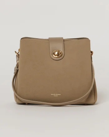 Geanta taupe cu design modern si inchidere metalica aurie