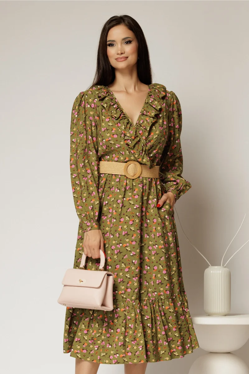 Rochie kaki din stofa cu imprimeu floral si curea in talie