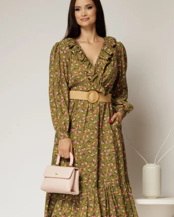 Rochie kaki din stofa cu imprimeu floral si curea in talie