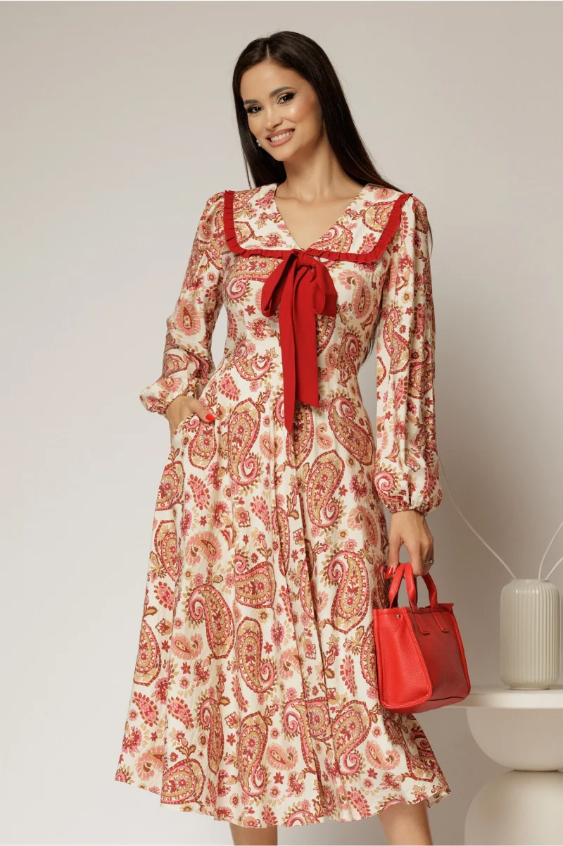 Rochie midi imprimeu floral bordo cu guler evidentiat cu volanas