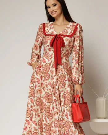 Rochie midi imprimeu floral bordo cu guler evidentiat cu volanas