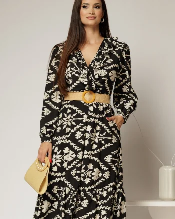 Rochie neagra din stofa cu imprimeu floral ivoar si curea in talie