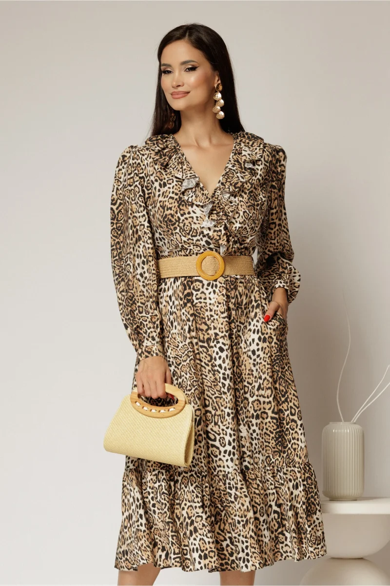 Rochie din stofa animal print cu volan si curea in talie