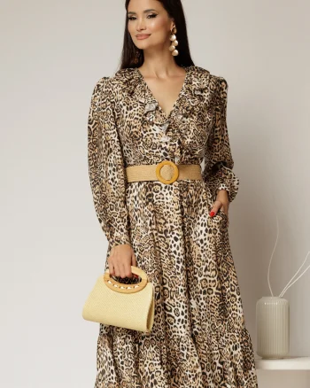 Rochie din stofa animal print cu volan si curea in talie