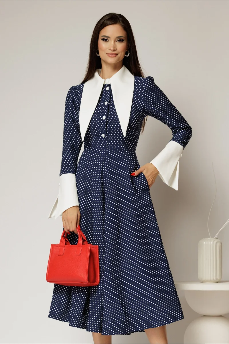 Rochie midi bleumarin cu buline mici si guler ascutit