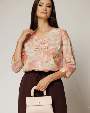 Bluza cu imprimeuri galbene si orange cu funde la decolteu si nasturi decorativi
