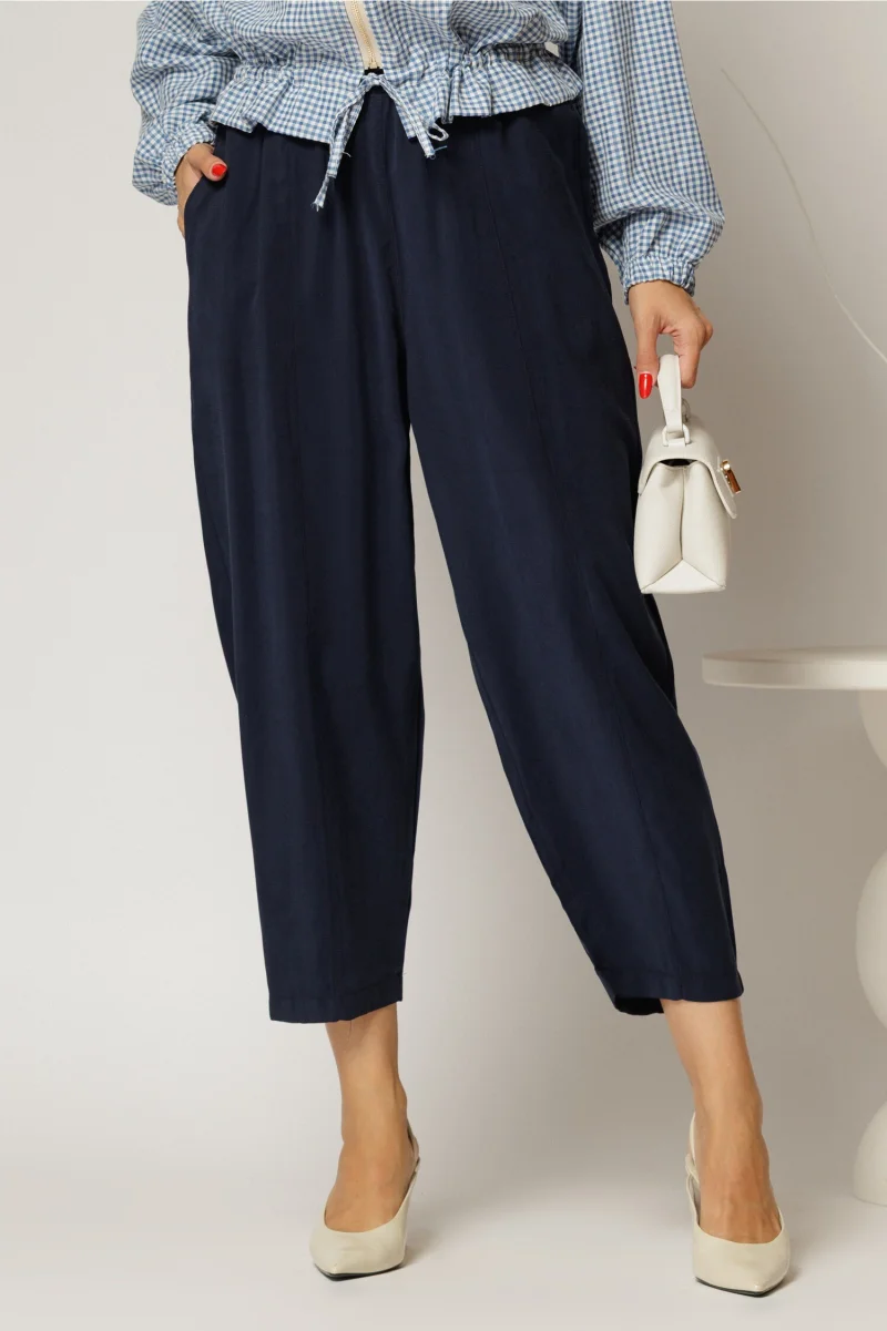 Pantaloni bleumarin de zi din tencel cu snur si elastic pe talie