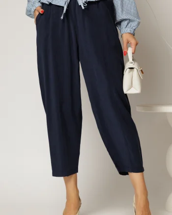 Pantaloni bleumarin de zi din tencel cu snur si elastic pe talie