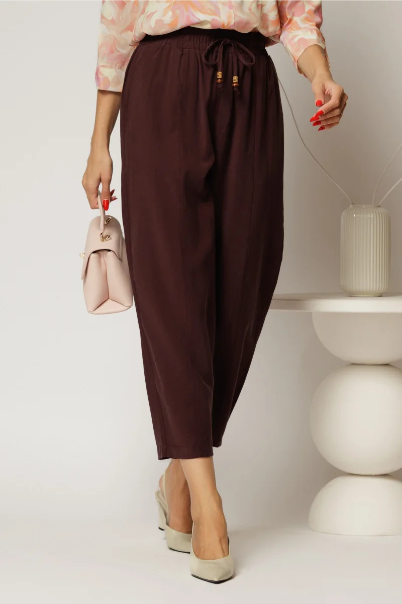 Pantaloni burgundy de zi din tencel cu snur si elastic pe talie