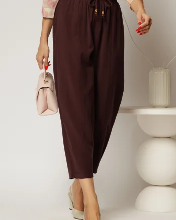 Pantaloni burgundy de zi din tencel cu snur si elastic pe talie