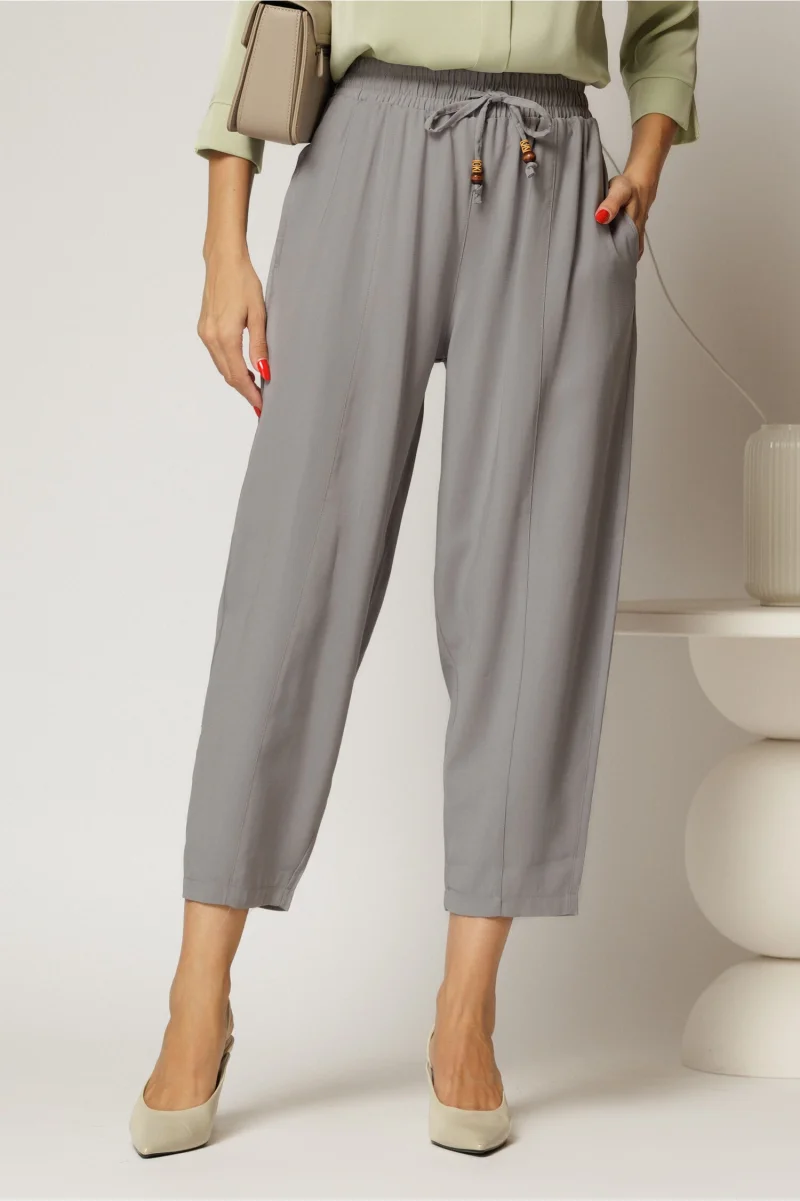 Pantaloni gri de zi din tencel cu snur si elastic pe talie