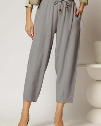 Pantaloni gri de zi din tencel cu snur si elastic pe talie