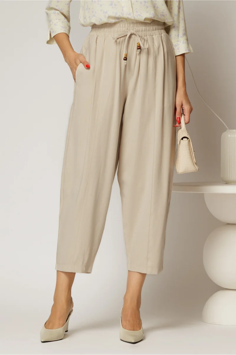 Pantaloni ivoire de zi din tencel cu snur si elastic pe talie