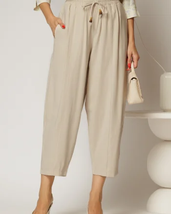 Pantaloni ivoire de zi din tencel cu snur si elastic pe talie