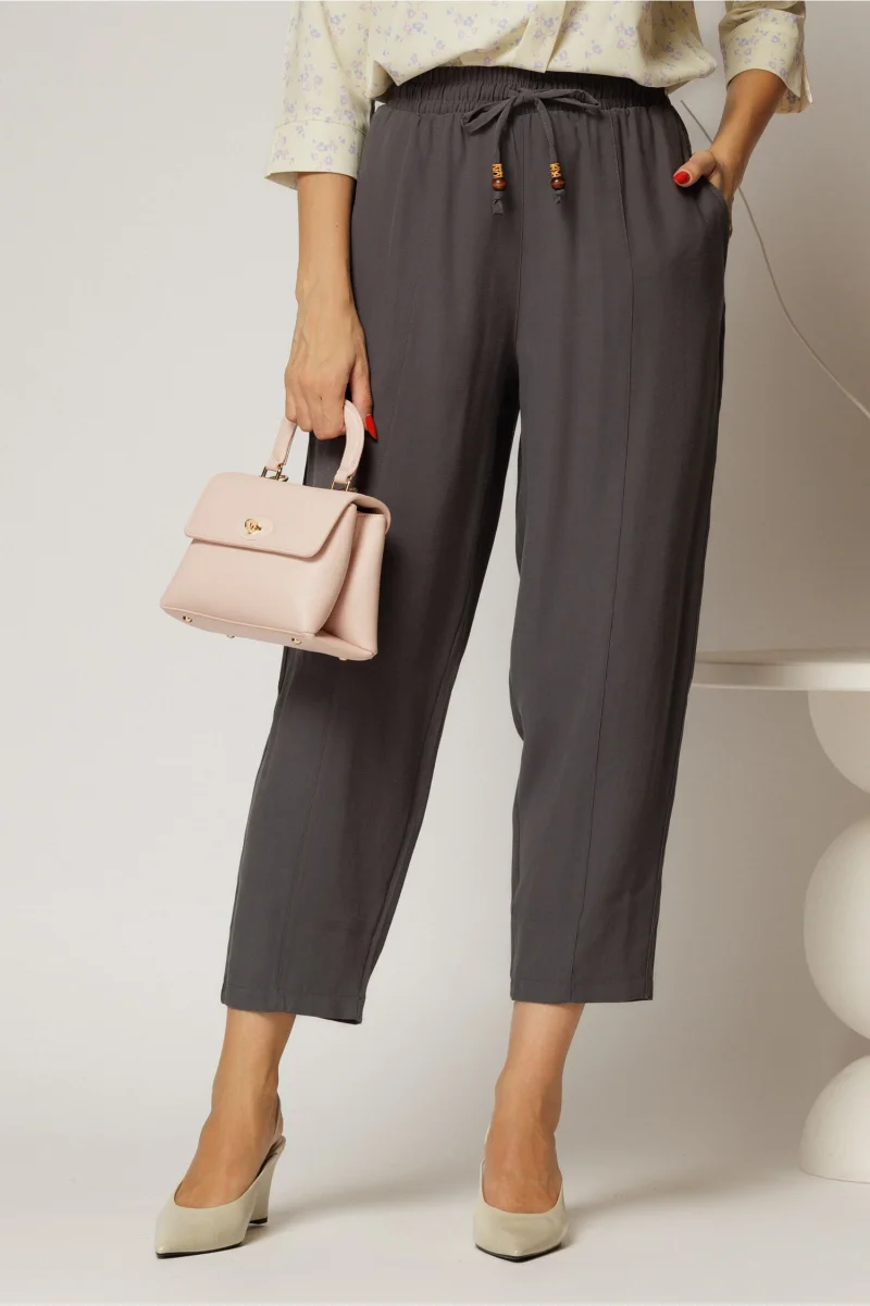 Pantaloni gri petrol de zi din tencel cu snur si elastic pe talie