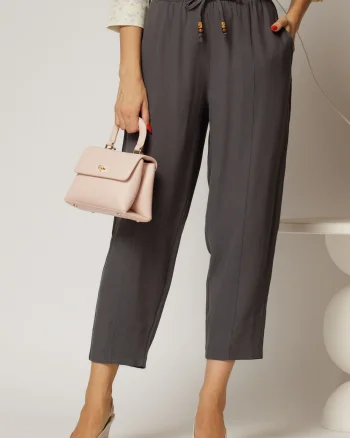 Pantaloni gri petrol de zi din tencel cu snur si elastic pe talie