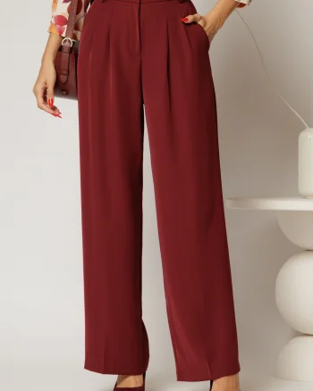 Pantaloni bordo din triplu voal cu pliuri si croi lejer