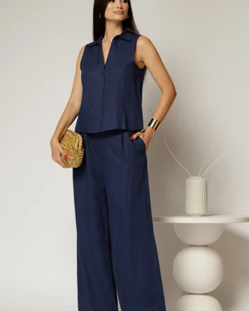 Compleu bleumarin din in cu vesta si pantaloni evazati