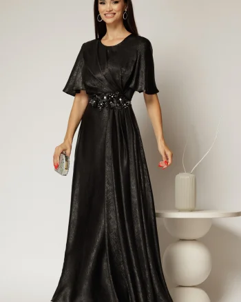 Rochie lunga neagra de seara din voal cu accesoriu in talie